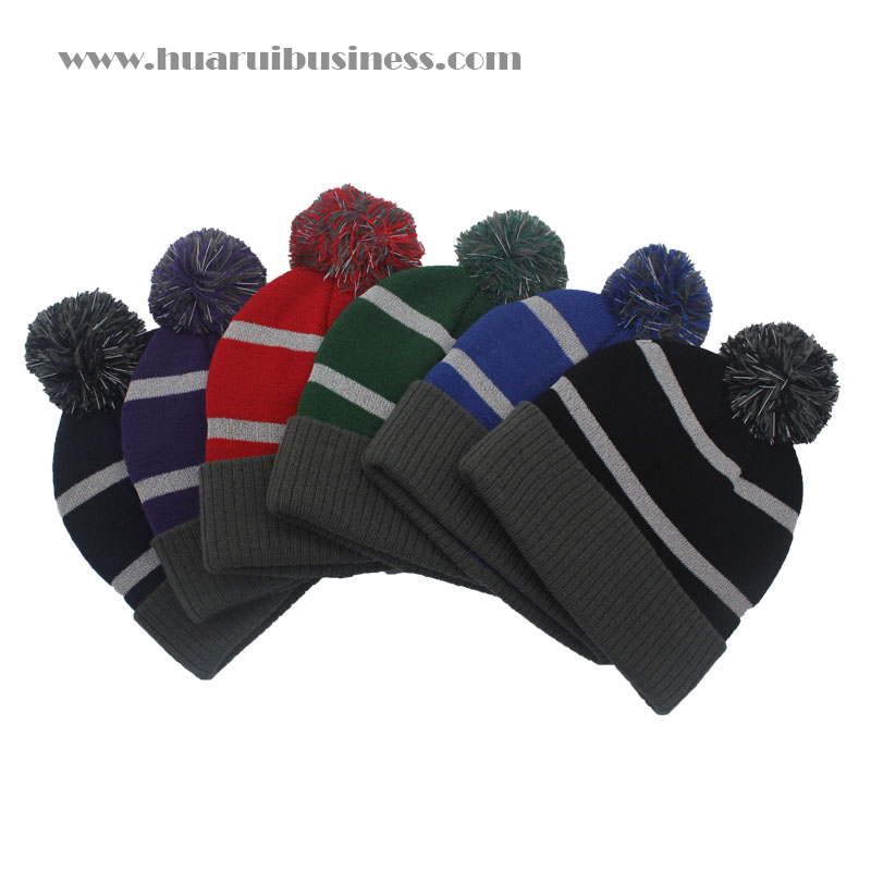 akrylowa czapka z mankietem, czapka, tuque, unisex, zimowa czapka z pomponem z odblaskowymi paskami